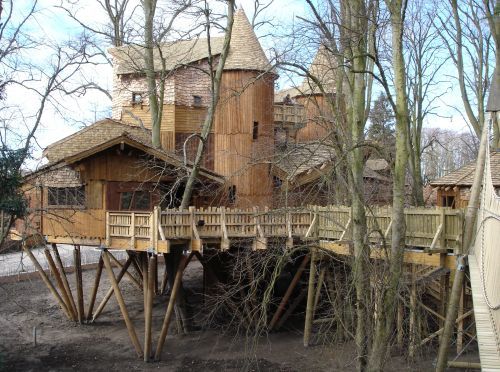 Back view of treehosue showing two structural concrete towers