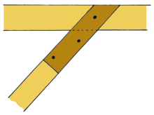 Connection with two pieces of wood bolted to beam and brace